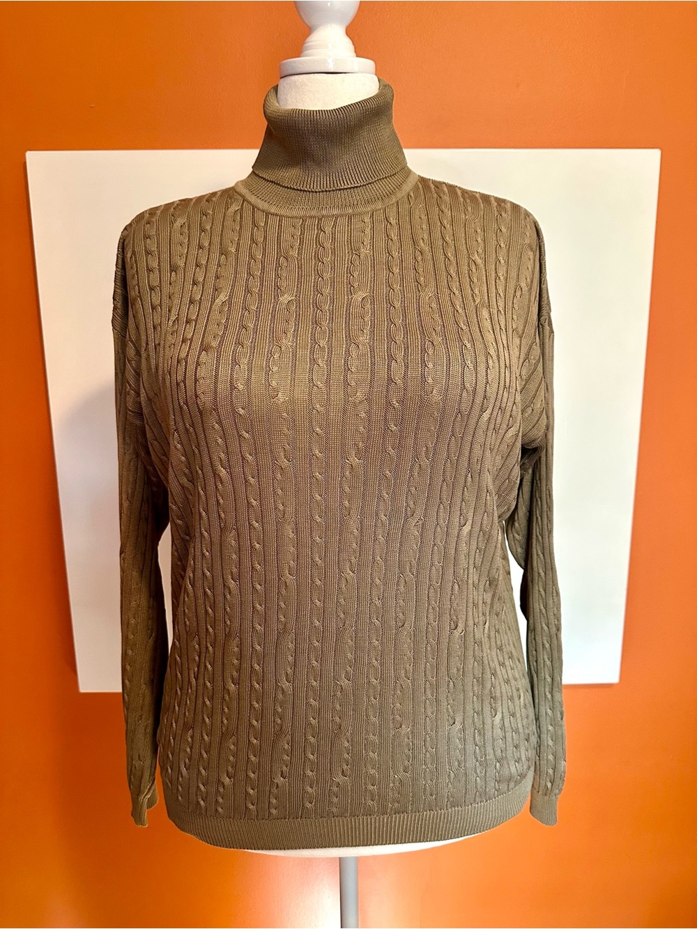 Barry Bricken 100% Silk Cable Knit Turtleneck Sweater Olive Green Tan Large
